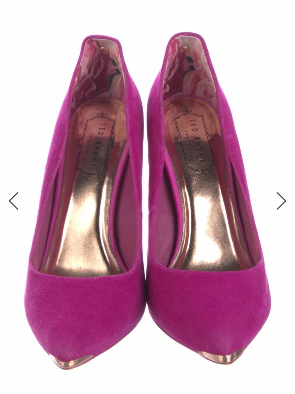 Ted Baker Bright Fuchsia Suede Pointed Toe Pumps w/Rose Gold Details, Size 37
